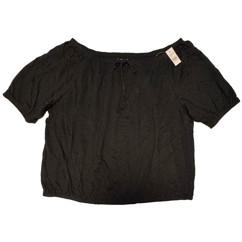 LOFT Black Linen Peasant Short Sleeve Top, size L